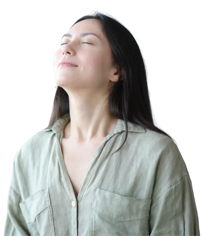 Asian woman breathing fresh air at home stock photo